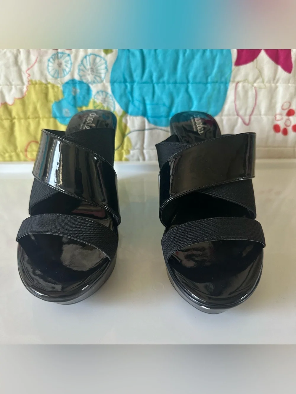 charles by charles david black patent vegan leather wedges w wide elastic / sz 8